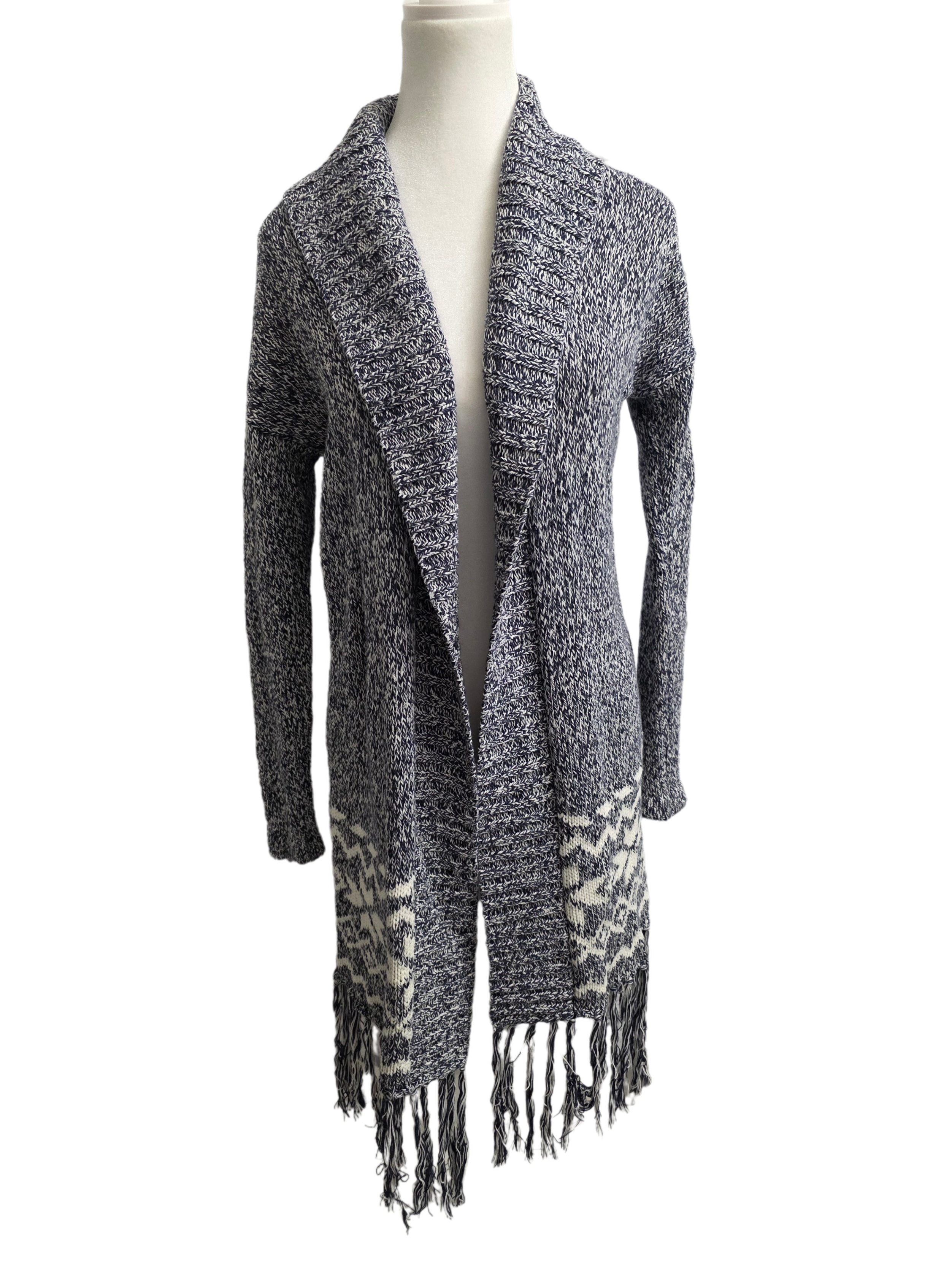 Aerie Xs Knitted Sweater Cardigan Open Front Comfy Blue White Fringe